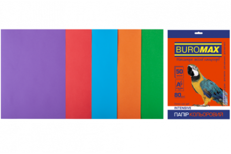 Набір паперу А4 80г/м2 50арк кольоровий 5 інтенсивних кольорів, Buromax