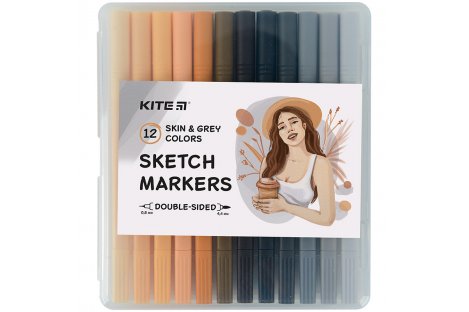 Скетч маркери 12 кольорів "Skin&Grey", Kite