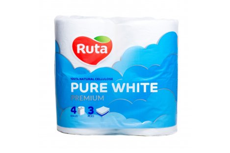 Туалетная бумага трехслойная 4рул/уп Ruta Pure White целлюлозная белая