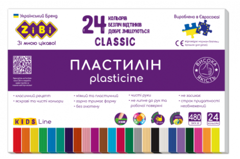 Пластилін 24 кольора 480г "Classic", Zibi