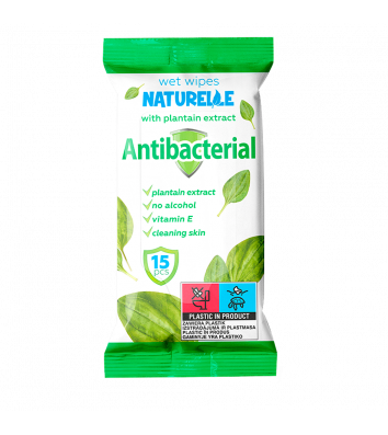 Серветки вологі 15 шт "Antibacterial" з екстрактом листя подорожника, Naturelle