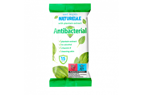 Серветки вологі 15 шт "Antibacterial" з екстрактом листя подорожника, Naturelle