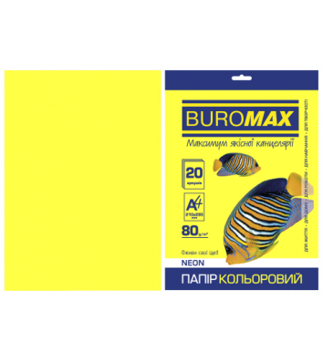 Бумага А4 80г/м2 20л цветная неоновая желтая, Buromax