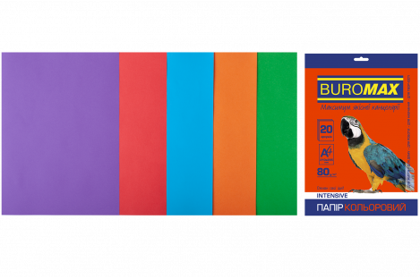 Набір паперу А4 80г/м2 20арк кольоровий 5 кольорів інтенсивний, Buromax