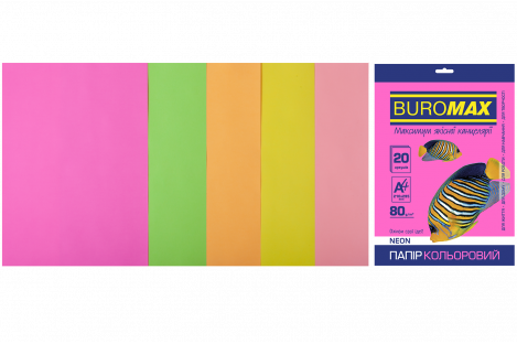 Набір паперу А4 80г/м2 20арк кольоровий 5 неонових кольорів, Buromax