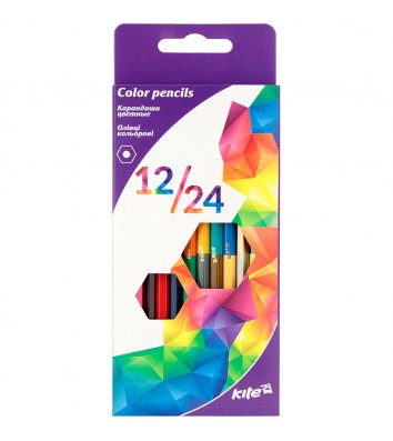 Карандаши цветные 12шт 24 цвета двусторонние шестигранные "Геометрия", Kite