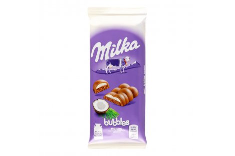 Шоколад молочний Bubbles пористий з кокосовою начинкою 97г,  Milka