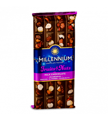 Шоколад Fruits & Nuts молочний з мигдалем лісовими горіхами журавлиною 90г,  Millennium