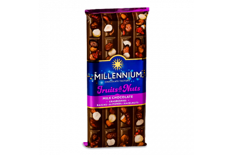 Шоколад Fruits & Nuts молочный с миндалем лесными орехами клюквой 90г, Millennium