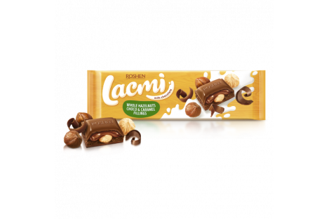Шоколад Lacmi молочний з цілими лісовими горіхами і шоколадно карамельною начинкою 295г, Roshen