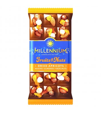 Шоколад молочный Fruits & Nuts с миндалем целыми орехами курагой и изюмом 90г, Millennium