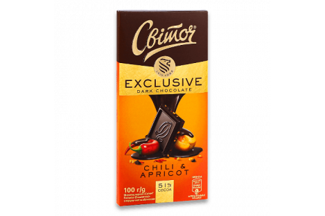 Шоколад чорний Exclusive з перцем чилі та абрикосом 51% 100г, Світоч
