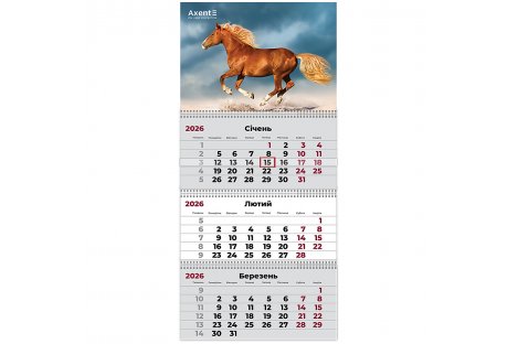 Календар настінний квартальний на 2026 р (3 пружини) "Horses 3", Axent