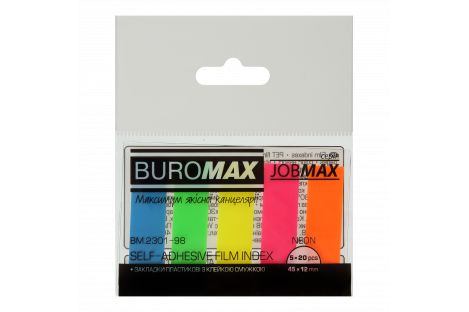 Стикеры-закладки пластиковые 12*45мм 100л 5 неоновых цветов ассорти, Buromax