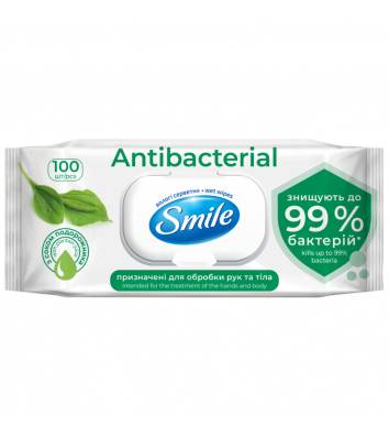 Серветки вологі 100шт Smile Antibacterial з соком подорожника з клапаном
