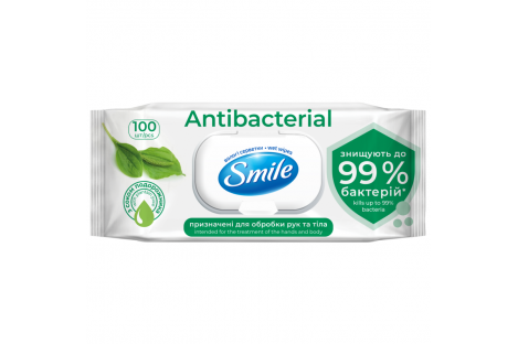 Серветки вологі 100шт Smile Antibacterial з соком подорожника з клапаном